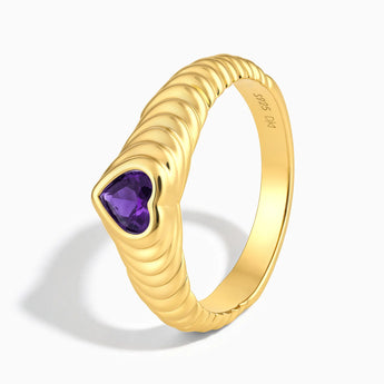 18KT Yellow Gold Vermeil Heart Amethyst Fluted Ring - Coeur Fold Side View