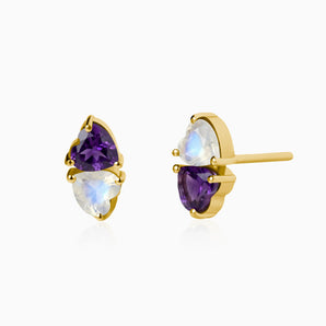 18KT Yellow Gold Vermeil Heart Amethyst & Moonstone Toi et Moi Stud Earrings - Duality Front View