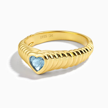18KT Yellow Gold Vermeil Heart Aquamarine Fluted Ring - Coeur Fold Front View
