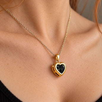 18KT Yellow Gold Vermeil Heart Black Onyx Bezel Necklace - Love Shelter Neck View