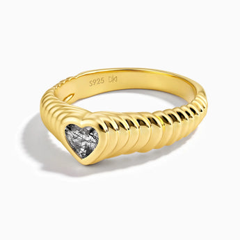 18KT Yellow Gold Vermeil Heart Black Rutilated Quartz Fluted Ring - Coeur Fold Front View
