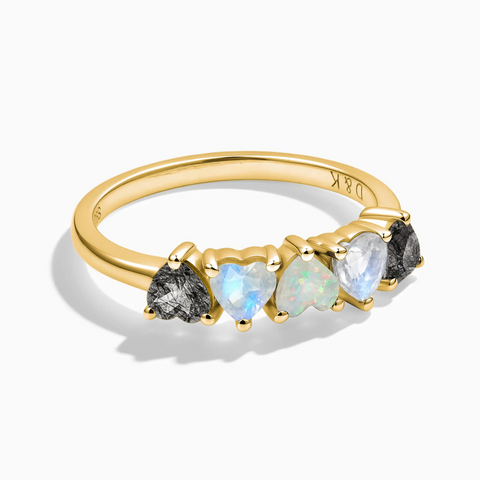 18KT Yellow Gold Vermeil Heart Black Rutilated Quartz & Moonstone Arc Ring - Crescent Line Front View