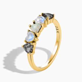 18KT Yellow Gold Vermeil Heart Black Rutilated Quartz & Moonstone Arc Ring - Crescent Line Side View