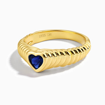 18KT Yellow Gold Vermeil Heart Blue Sapphire Fluted Ring - Coeur Fold Front View