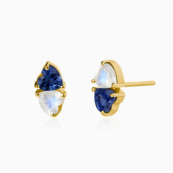 18KT Yellow Gold Vermeil Heart Blue Sapphire & Moonstone Toi et Moi Stud Earrings - Duality Front View