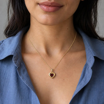 18KT Yellow Gold Vermeil Heart Garnet Bezel Necklace - Love Shelter Model Shot