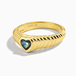 18KT Yellow Gold Vermeil Heart Labradorite Fluted Ring - Coeur Fold Front View