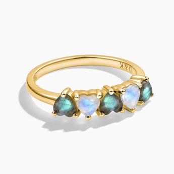 18KT Yellow Gold Vermeil Heart Labradorite & Moonstone Arc Ring - Crescent Line Front View