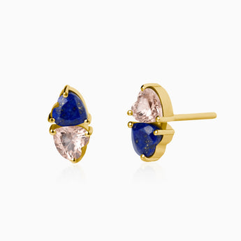 18KT Yellow Gold Vermeil Heart Lapis Lazuli & Morganite Toi et Moi Stud Earrings - Duality Front View