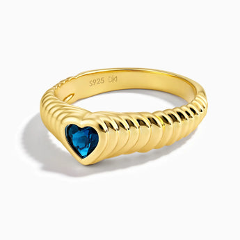 18KT Yellow Gold Vermeil Heart London Blue Topaz Fluted Ring - Coeur Fold Front View