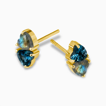 18KT Yellow Gold Vermeil Heart London Blue Topaz & Labradorite Toi et Moi Stud Earrings - Duality Side View