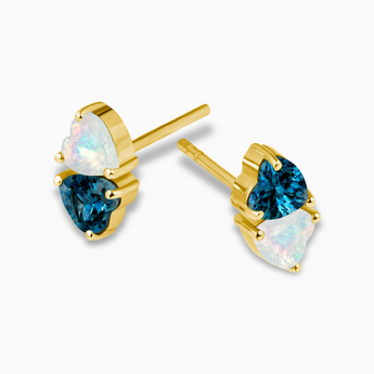 18KT Yellow Gold Vermeil Heart London Blue Topaz & Opal Toi et Moi Stud Earrings - Duality Side View