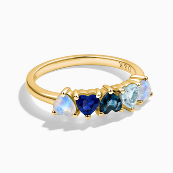 18KT Yellow Gold Vermeil Heart Moonstone & Blue Sapphire Arc Ring - Crescent Line Front View