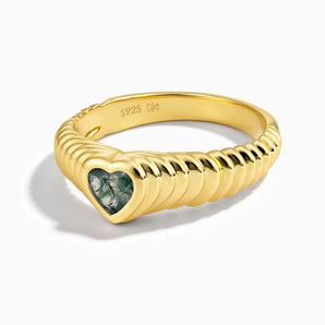 18KT Yellow Gold Vermeil Heart Moss Agate Fluted Ring - Coeur Fold Front View