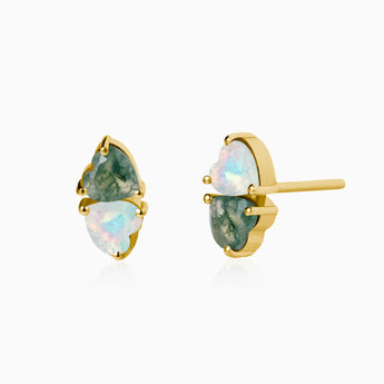 18KT Yellow Gold Vermeil Heart Moss Agate & Opal Toi et Moi Stud Earrings - Duality Front View