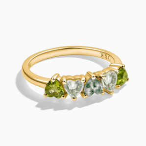 18KT Yellow Gold Vermeil Heart Moss Agate & Peridot Arc Ring - Crescent Line Front View