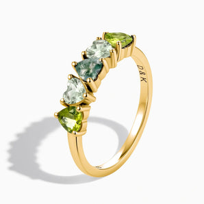 18KT Yellow Gold Vermeil Heart Moss Agate & Peridot Arc Ring - Crescent Line Side View