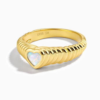 18KT Yellow Gold Vermeil Heart Opal Fluted Ring - Coeur Fold Front View