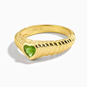 18KT Yellow Gold Vermeil Heart Peridot Fluted Ring - Coeur Fold Front View