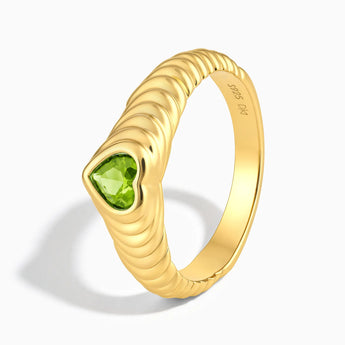 18KT Yellow Gold Vermeil Heart Peridot Fluted Ring - Coeur Fold Side View