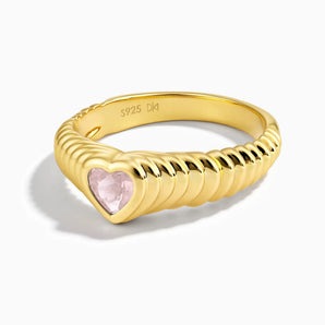 18KT Yellow Gold Vermeil Heart Rose Quartz Fluted Ring - Coeur Fold Front View