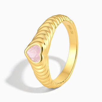 18KT Yellow Gold Vermeil Heart Rose Quartz Fluted Ring - Coeur Fold Side View