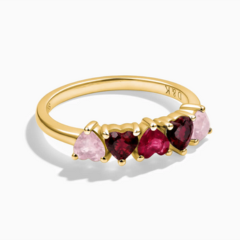 18KT Yellow Gold Vermeil Heart Rose Quartz & Ruby Gradient Arc Ring - Crescent Line Front View