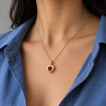 18KT Yellow Gold Vermeil Heart Ruby Bezel Necklace - Love Shelter Neck View