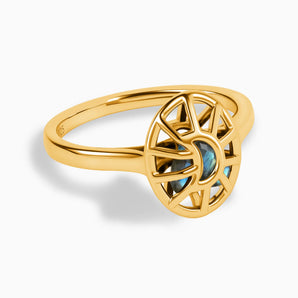 18KT Yellow Gold Vermeil Labradorite Crescent Moon Hollow Oval Shaker Ring - Soul Cage Angled Front View