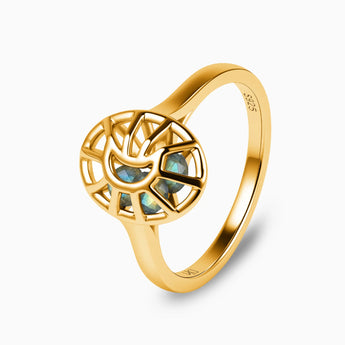 18KT Yellow Gold Vermeil Labradorite Crescent Moon Hollow Oval Shaker Ring - Soul Cage Side View