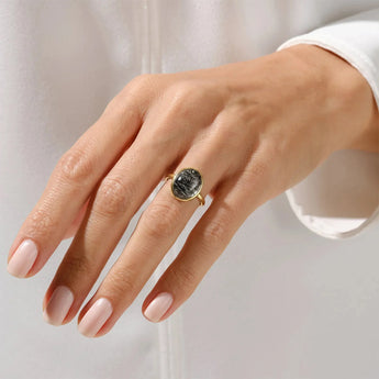 18KT Yellow Gold Vermeil Large Cabochon Black Rutilated Quartz Ring - Bold Serenity Worn View