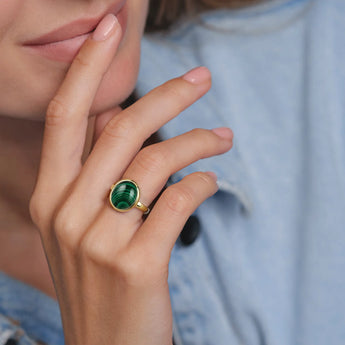 18KT Yellow Gold Vermeil Large Cabochon Malachite Ring - Bold Serenity Model Shot