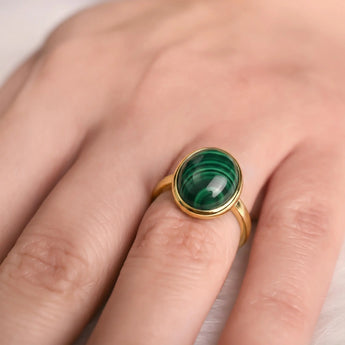 18KT Yellow Gold Vermeil Large Cabochon Malachite Ring - Bold Serenity Worn View