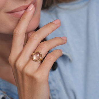 18KT Yellow Gold Vermeil Large Cabochon Morganite Ring - Bold Serenity Model Shot