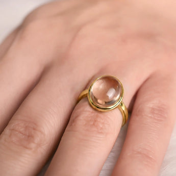 18KT Yellow Gold Vermeil Large Cabochon Morganite Ring - Bold Serenity Worn View