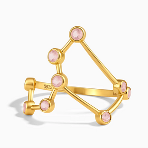 18KT Yellow Gold Vermeil Libra Zodiac Constellation Ring - Rose Quartz Front View