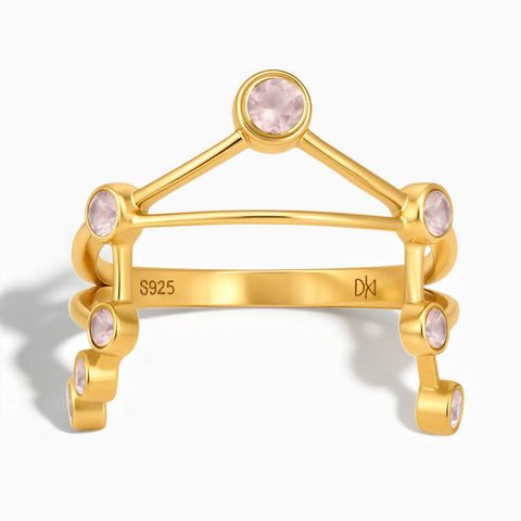 18KT Yellow Gold Vermeil Libra Zodiac Constellation Ring - Rose Quartz Front View