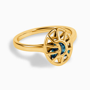 18KT Yellow Gold Vermeil London Blue Topaz Crescent Moon Hollow Oval Shaker Ring - Soul Cage Angled Front View