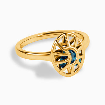 18KT Yellow Gold Vermeil London Blue Topaz Crescent Moon Hollow Oval Shaker Ring - Soul Cage Angled Front View