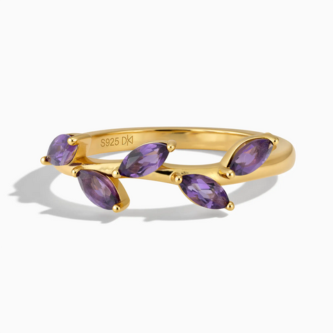 18KT Yellow Gold Vermeil Marquise Amethyst Leaf Ring - Secret Garden Front View