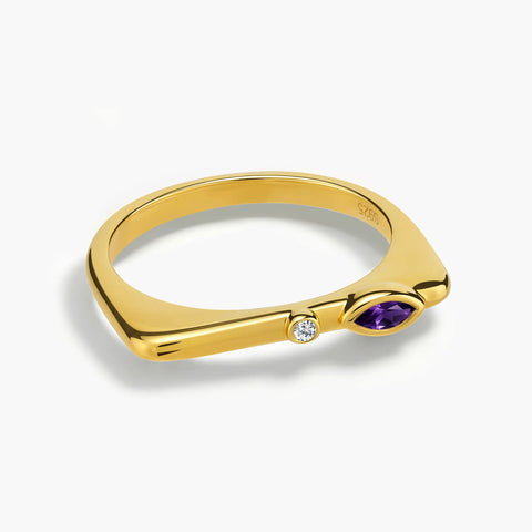 18KT Yellow Gold Vermeil Marquise Amethyst Puzzle Stacking Ring - Minimal Glow Front View