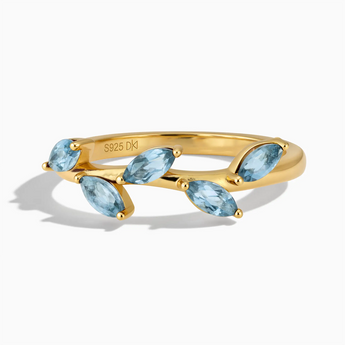 18KT Yellow Gold Vermeil Marquise Aquamarine Leaf Ring - Secret Garden Front View