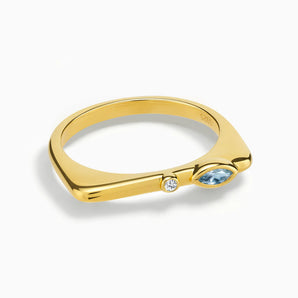 18KT Yellow Gold Vermeil Marquise Aquamarine Puzzle Stacking Ring - Minimal Glow Front View