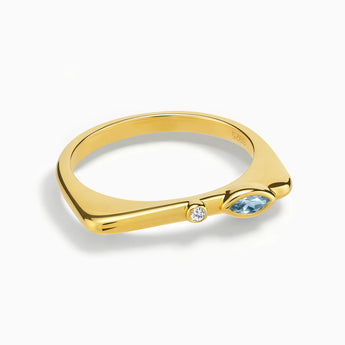 18KT Yellow Gold Vermeil Marquise Aquamarine Puzzle Stacking Ring - Minimal Glow Front View