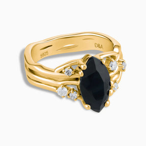 18KT Yellow Gold Vermeil Marquise Black Onyx Branch-Like Ring - Regal Gleam Front View