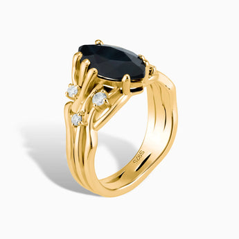 18KT Yellow Gold Vermeil Marquise Black Onyx Branch-Like Ring - Regal Gleam Side View