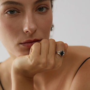 18KT Yellow Gold Vermeil Marquise Black Onyx Branch-Like Ring - Regal Gleam Worn View