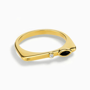 18KT Yellow Gold Vermeil Marquise Black Onyx Puzzle Stacking Ring - Minimal Glow Front View