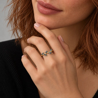 18KT Yellow Gold Vermeil Marquise Black Rutilated Quartz Leaf Ring Secret Garden Model Shot