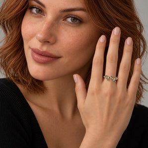 18KT Yellow Gold Vermeil Marquise Black Rutilated Quartz Leaf Ring Secret Garden Worn View